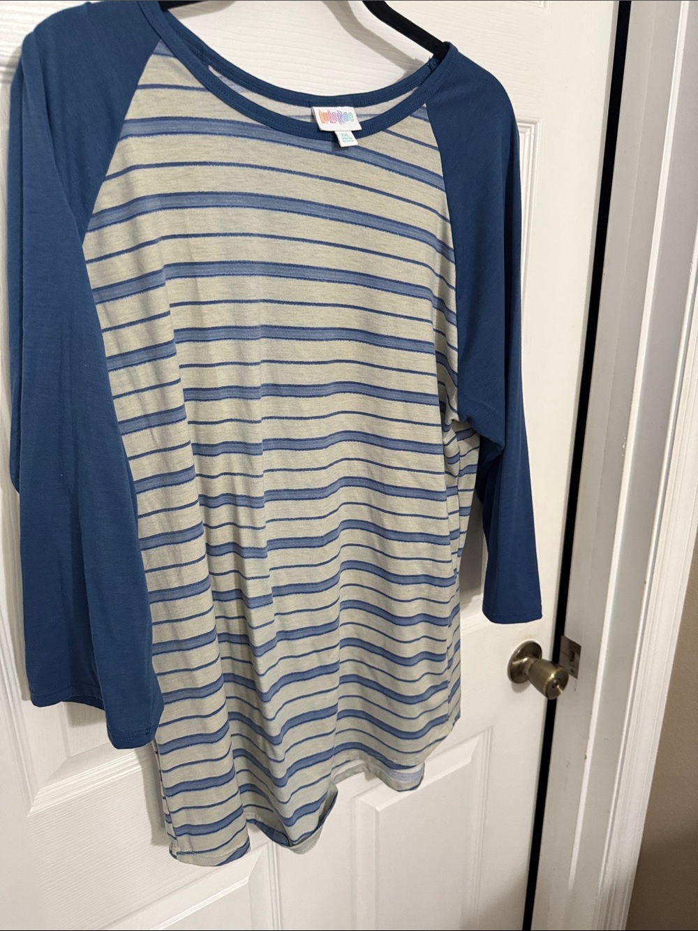LuLaRoe Blue and Cream Striped Raglan Top